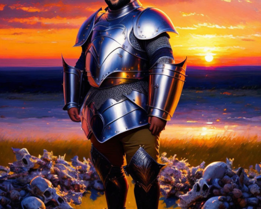 Smiling knight in shining armor on beach at sunset