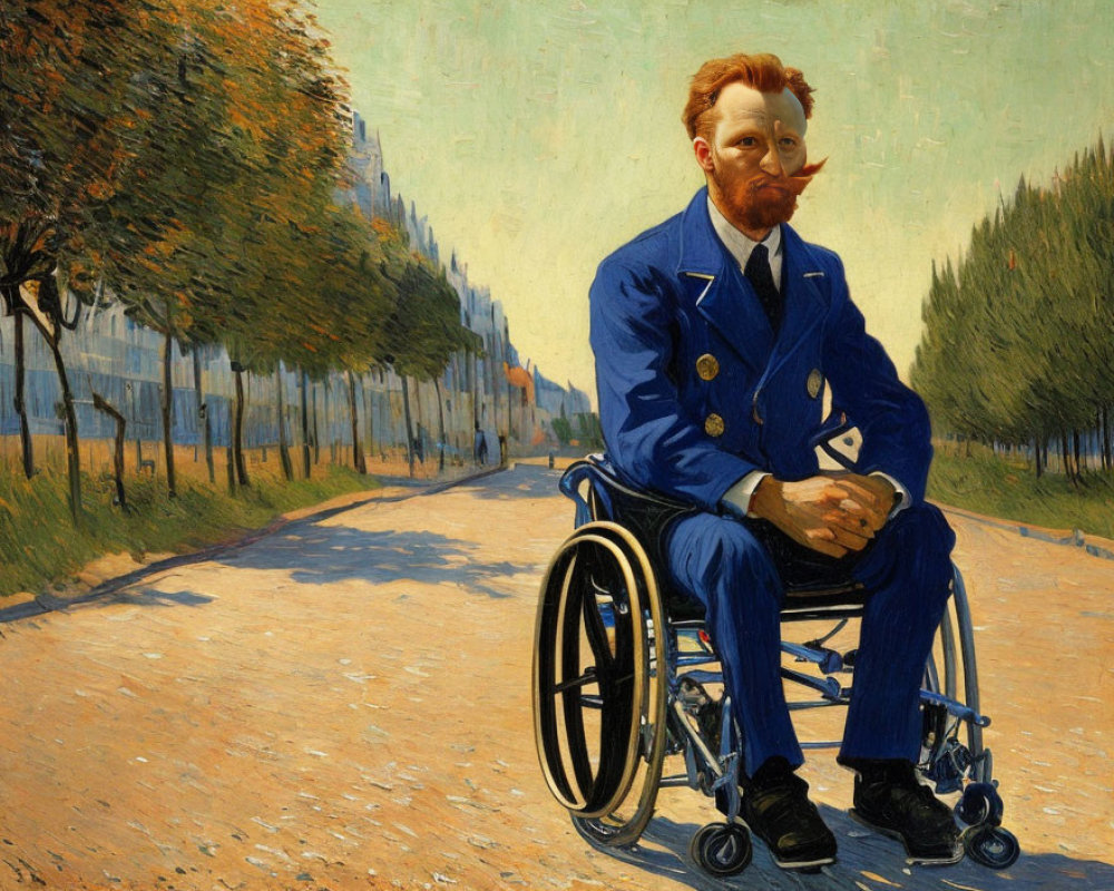 Ginger-bearded man in wheelchair on tree-lined avenue in blue suit