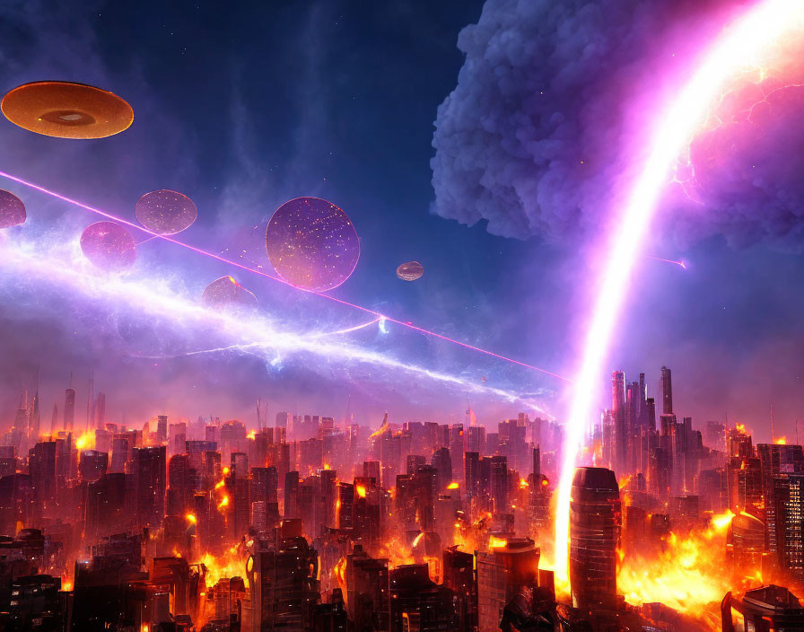 Dramatic futuristic cityscape with flames, alien ships, and light beam