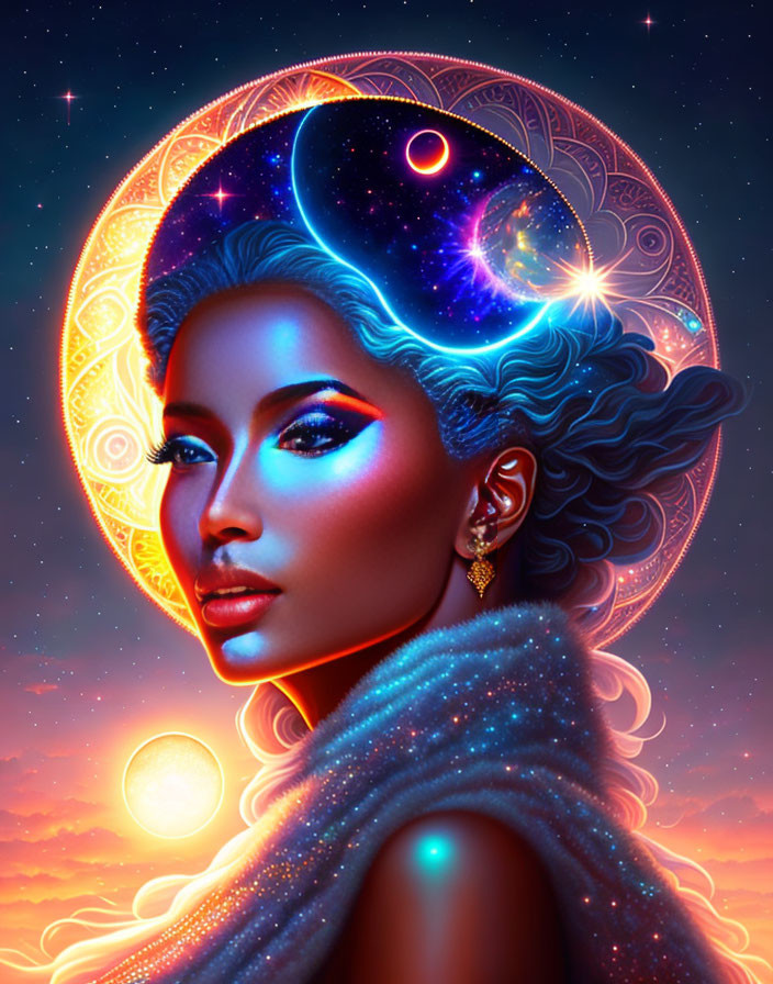 Celestial-themed woman illustration with cosmic background and astrological symbols.