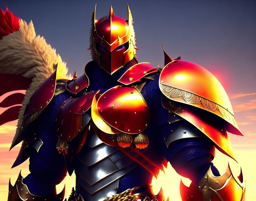 Warrior in Red and Gold Armor Against Sunset Sky