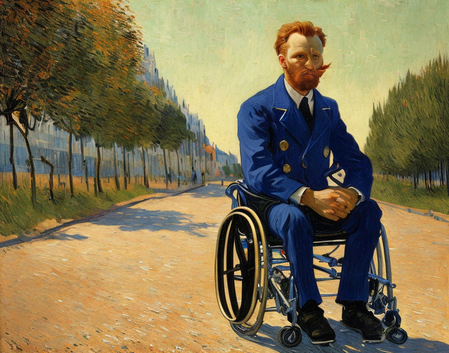 Ginger-bearded man in wheelchair on tree-lined avenue in blue suit