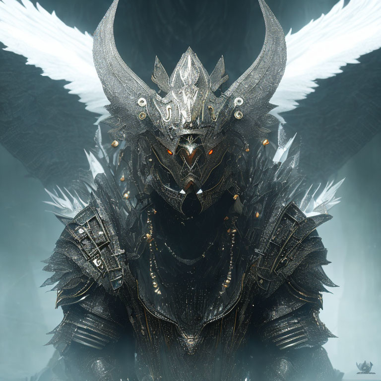 Mysterious figure in black armor with winged helmet and glowing eyes