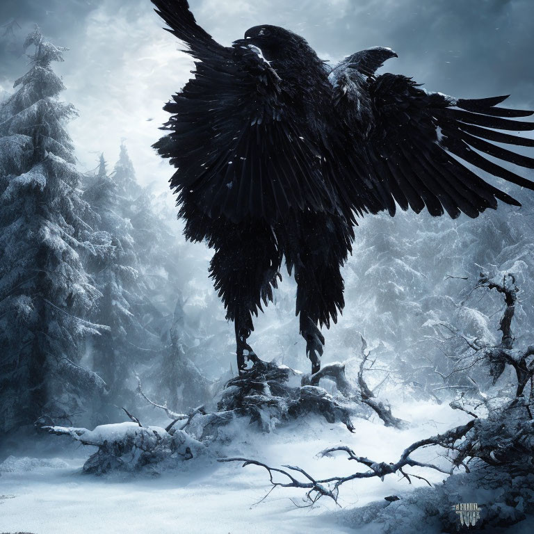 Black Raven in Snowy Forest Landscape