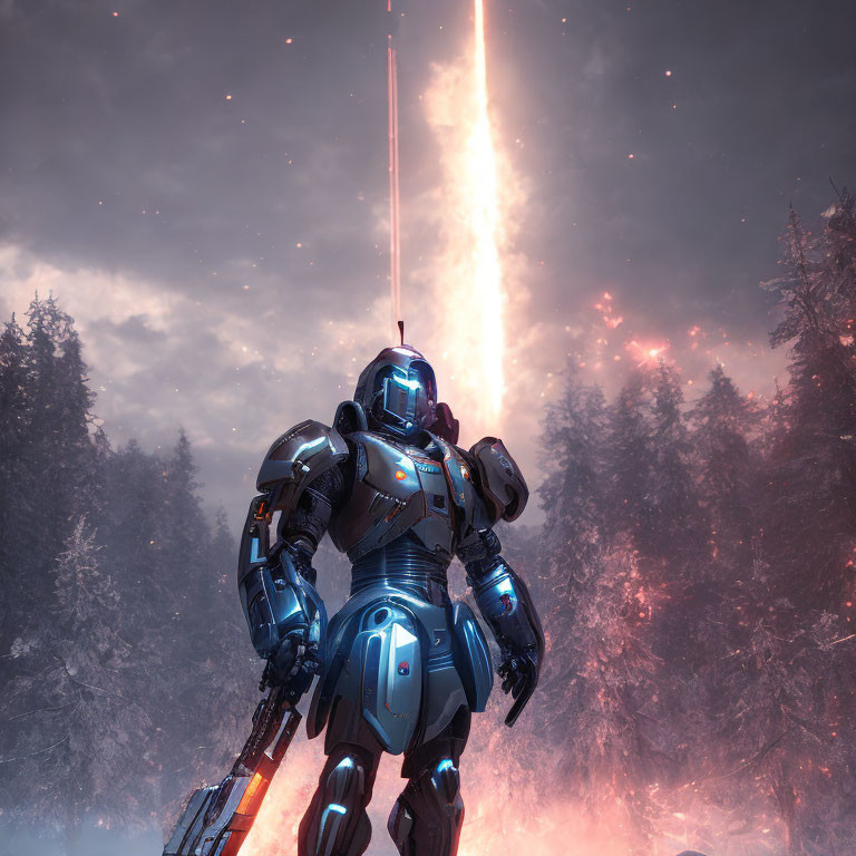 Robot warrior in fiery forest landscape under descending light beam