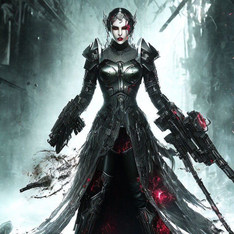 Elaborately detailed female figure in dark fantasy armor wields futuristic weapon in snowy forest