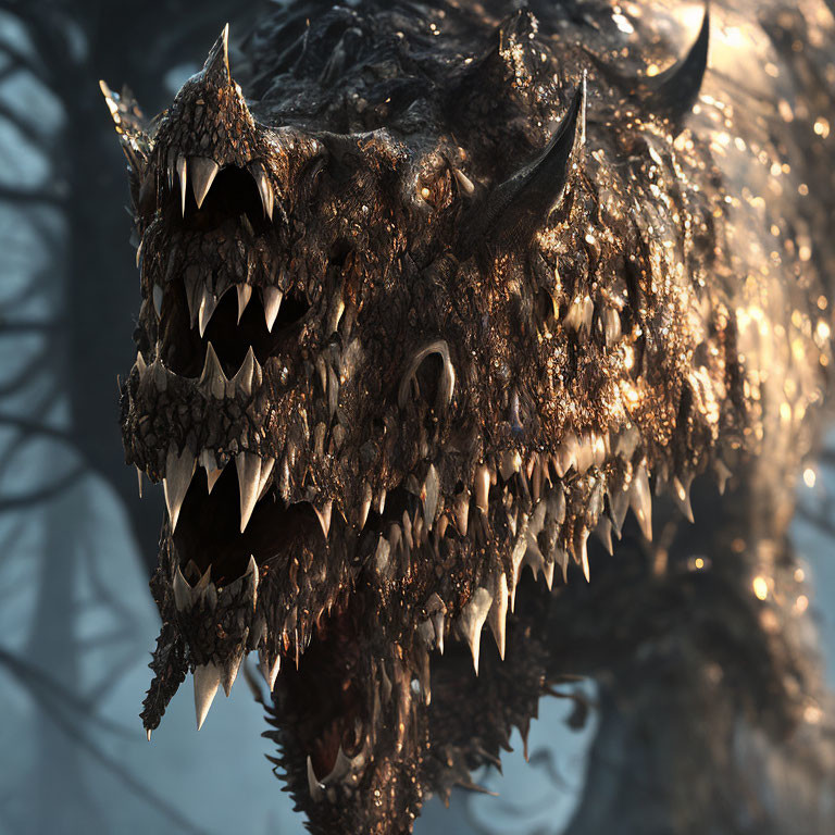 Detailed Dragon Head with Sharp Teeth & Textured Scales in Forest Scene