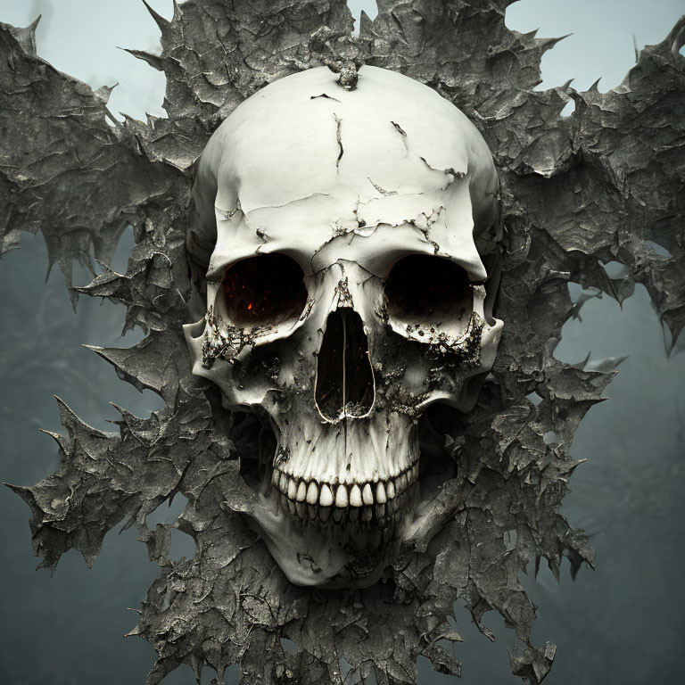 Realistic human skull with cracked wings on misty background