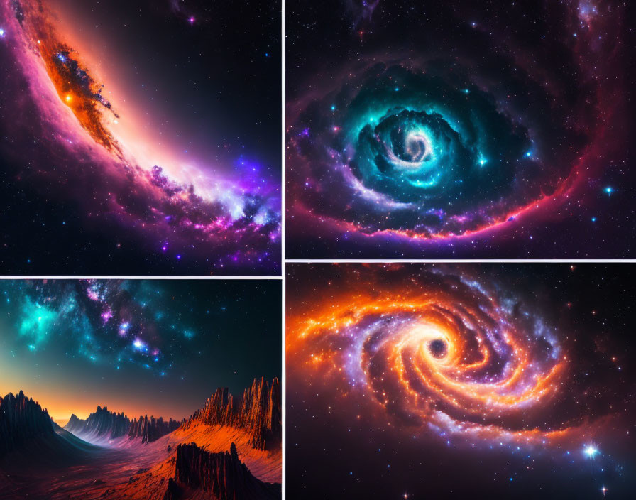 Four Vibrant Space Images: Galaxies, Nebulae, Mountain Landscape, Starry Sky