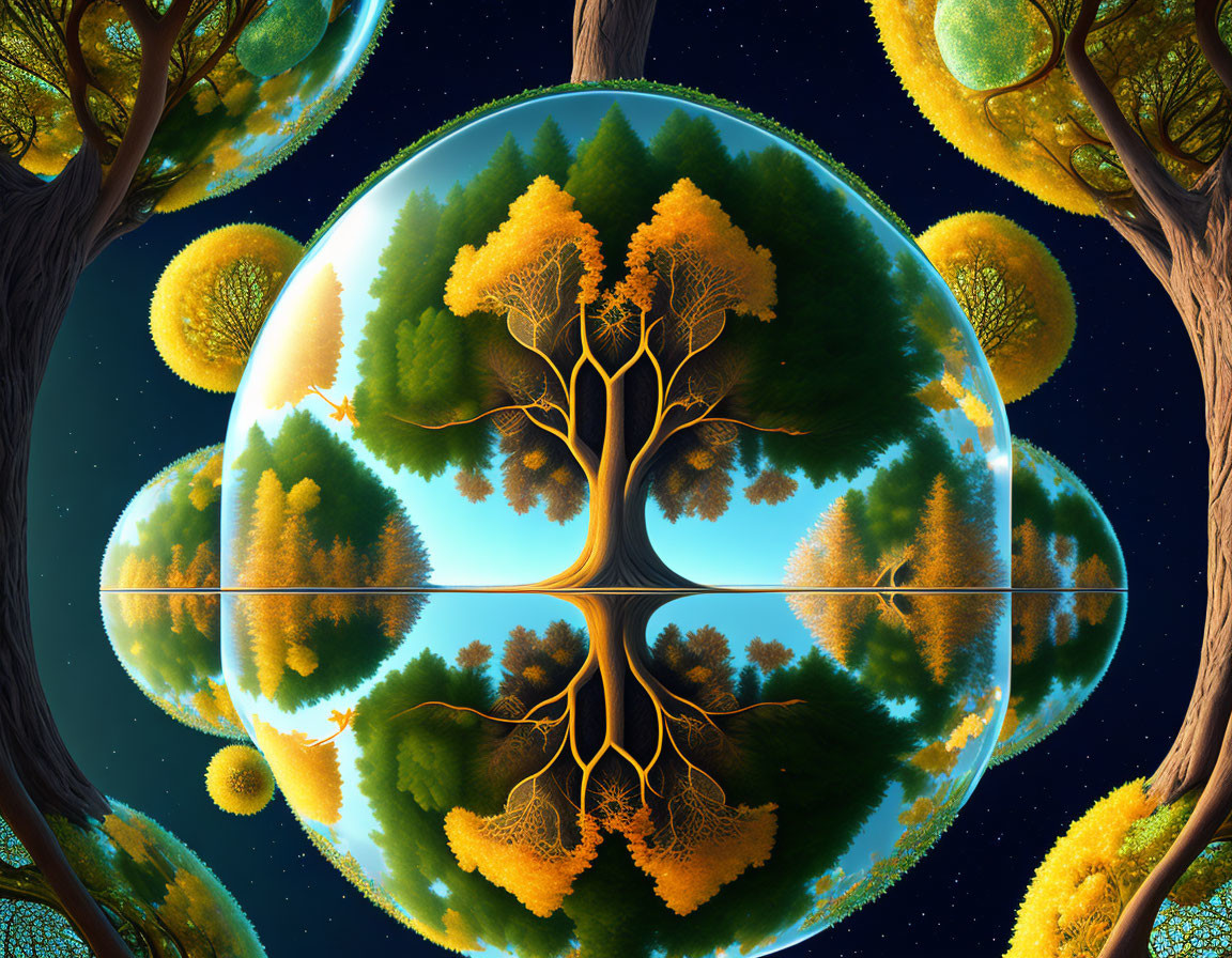 Mirrored spherical landscape with autumn tree and night sky