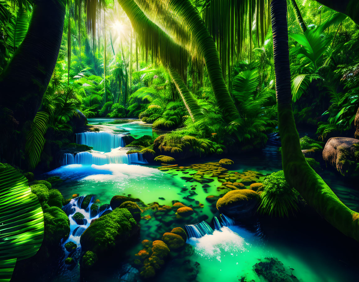 Vibrant Green Foliage in Lush Rainforest with Turquoise Stream