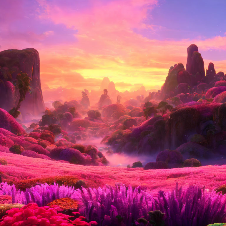 Fantasy Landscape with Pink and Purple Flora and Towering Rock Formations