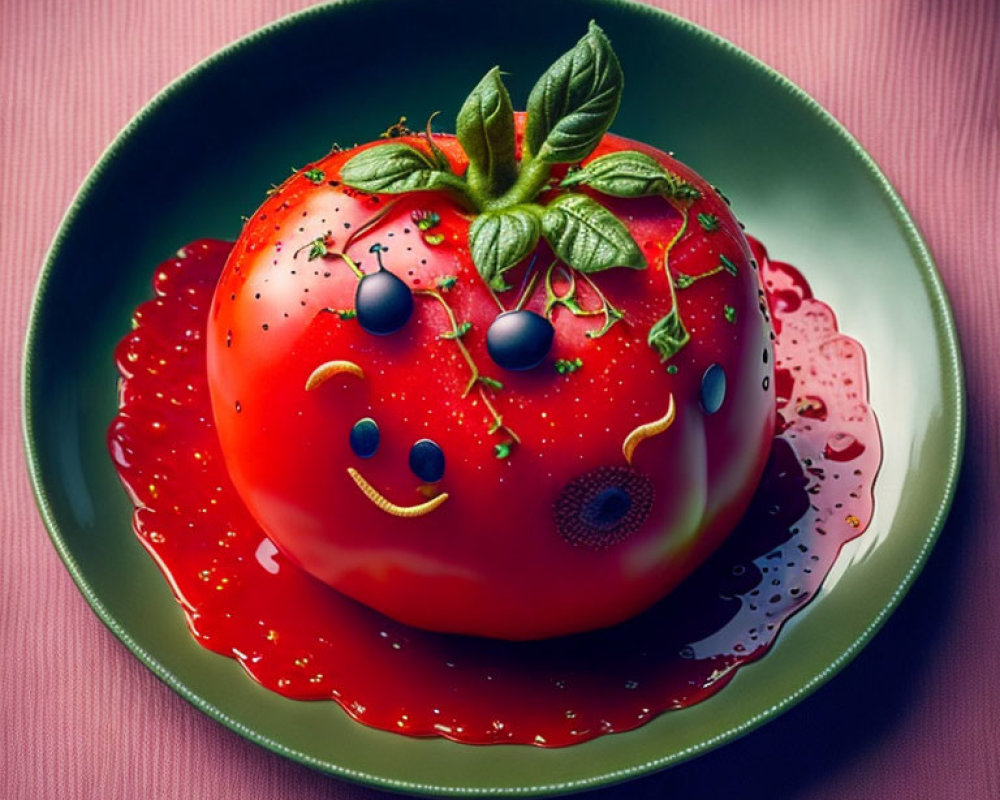 Colorful illustration: Smiling tomato with blueberries on green plate