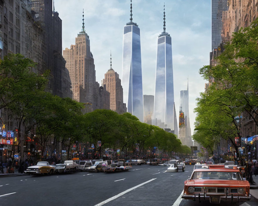 City street with diverse pedestrians, vintage cars, tall buildings, and two prominent towers under clear sky