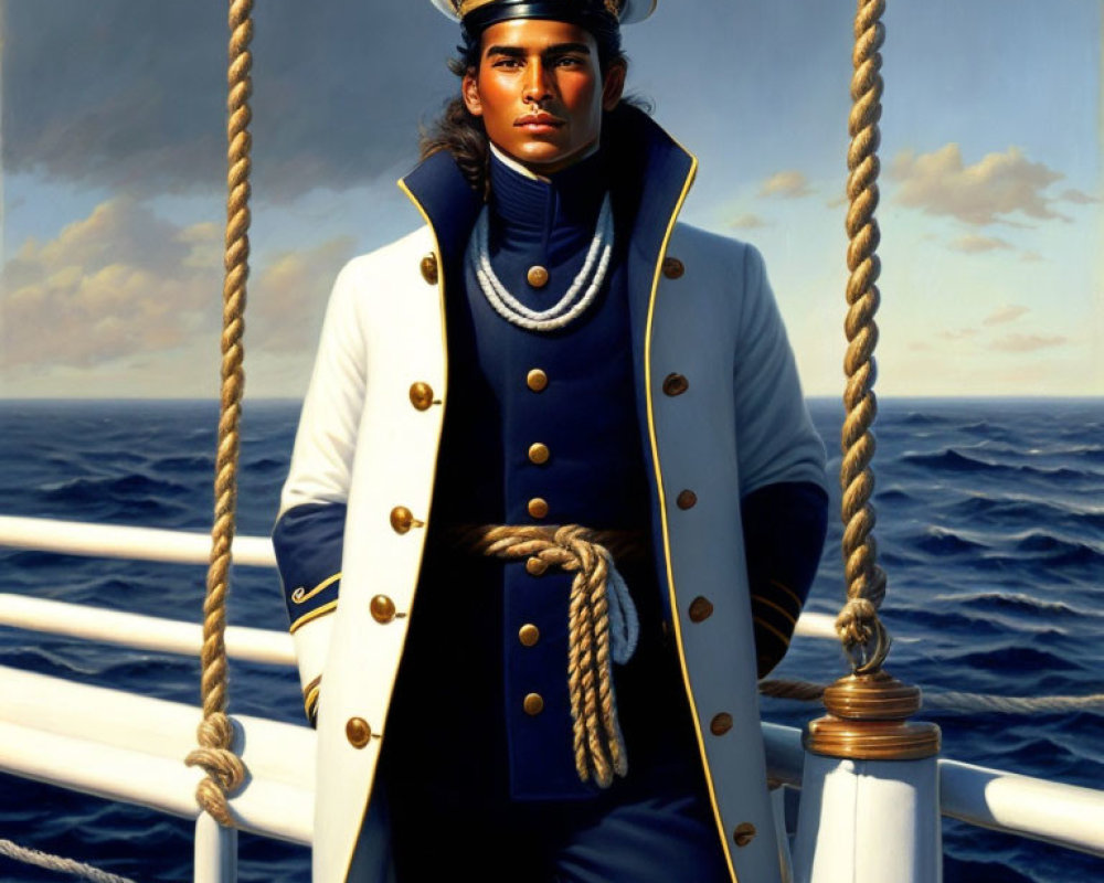 Digital painting of confident man in naval officer uniform on ship.