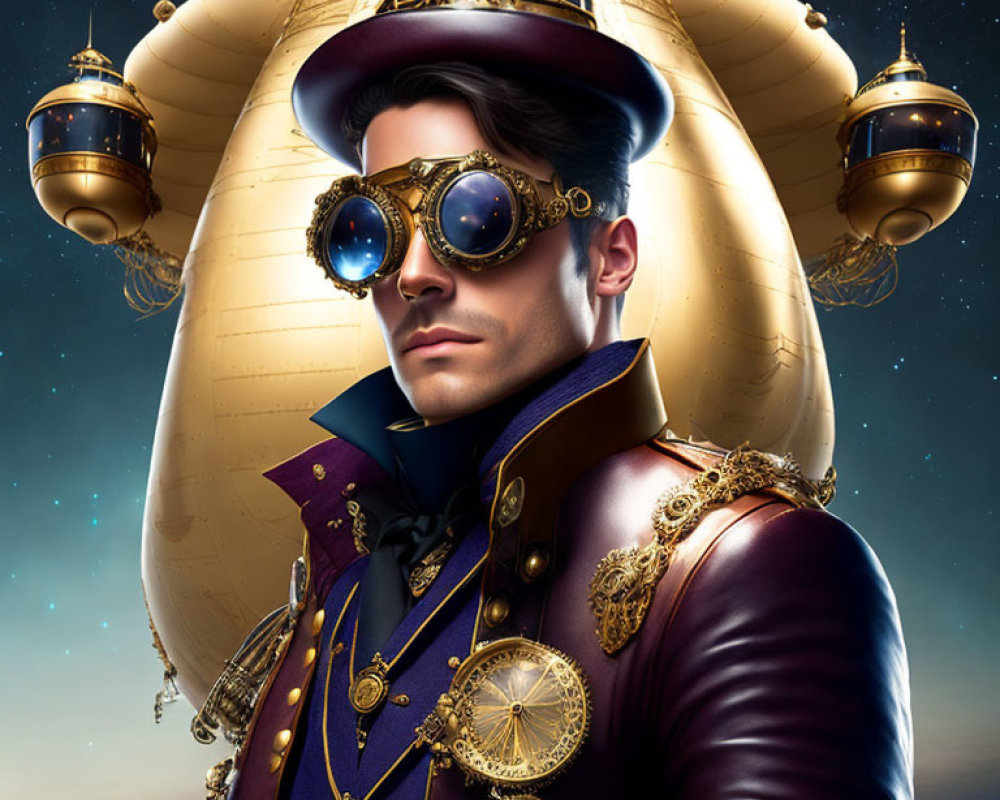 Steampunk character with hot air balloon hat and goggles on starry sky backdrop