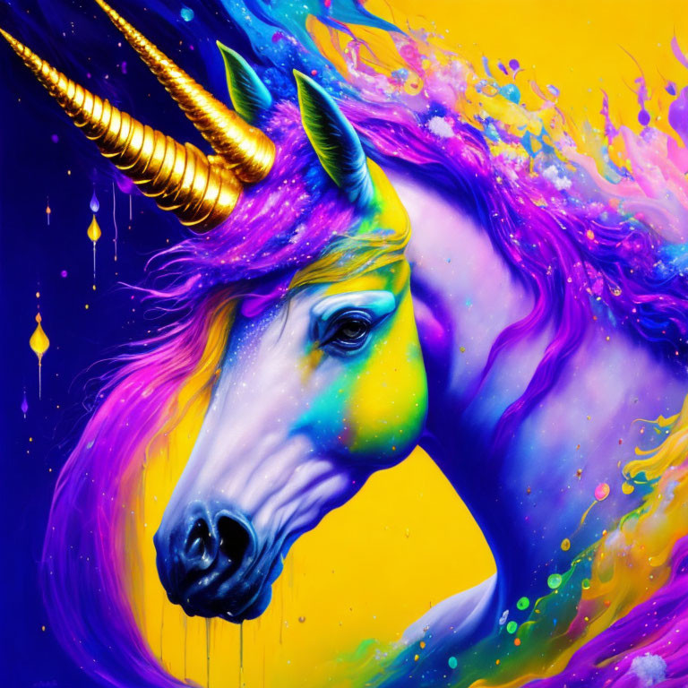 Colorful Unicorn Painting with Golden Horn in Purple and Blue Hues