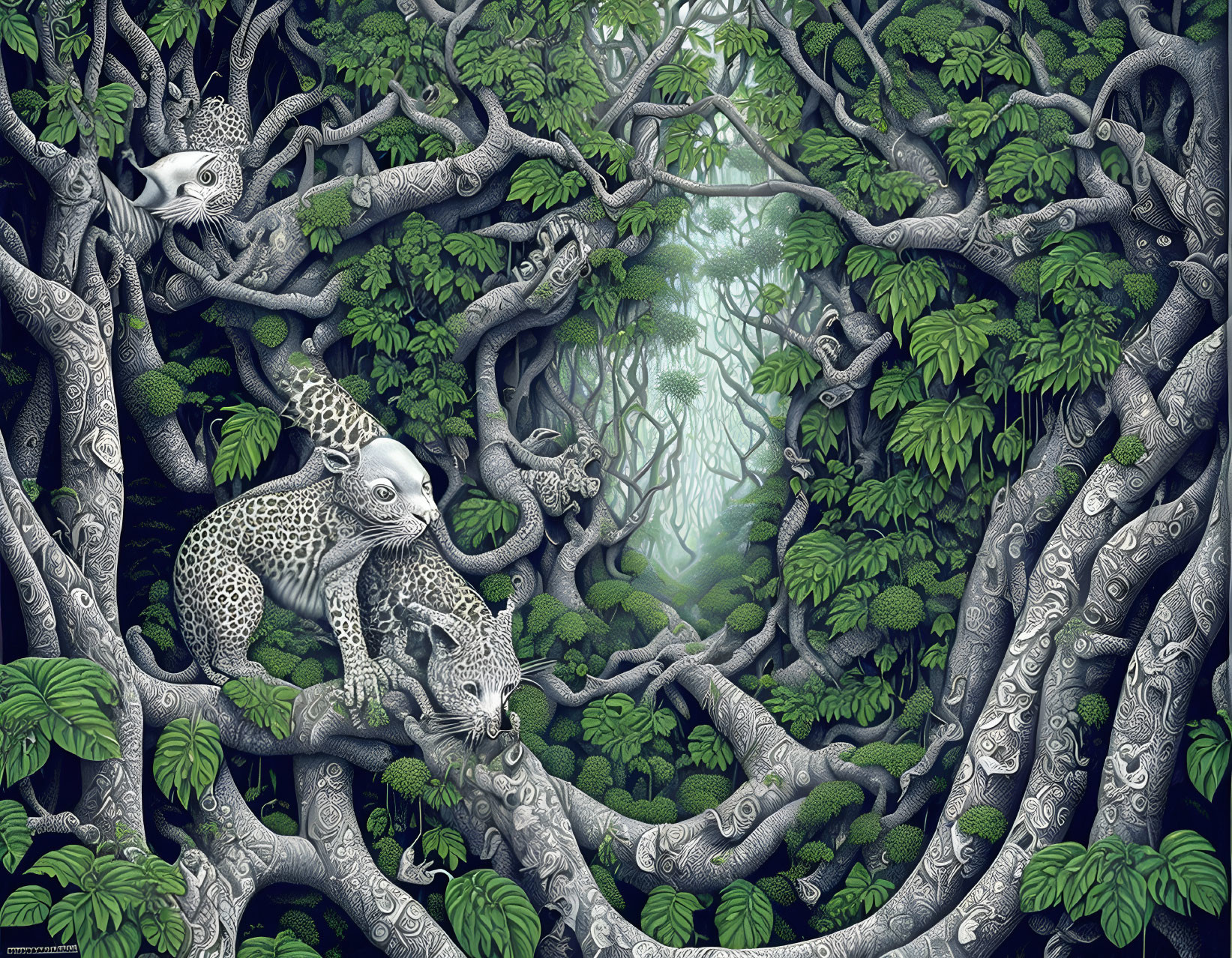 Monochromatic forest illustration with hidden leopard and cub