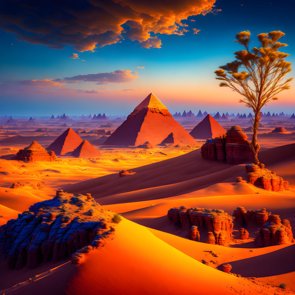 Vibrant desert landscape with pyramids, rock formations, lone tree under blue sky