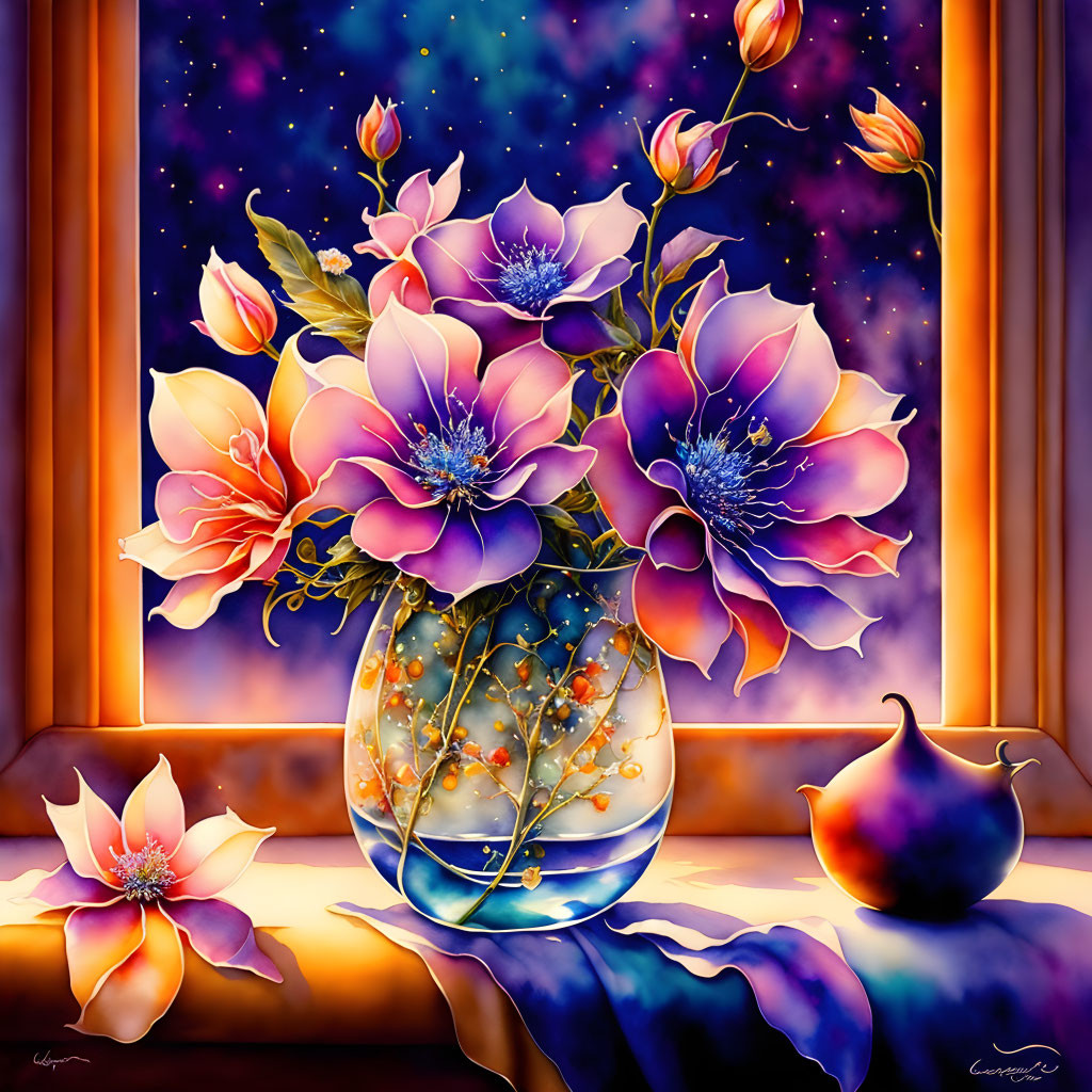 Colorful floral still life painting with cosmic background and draped cloth on wooden surface