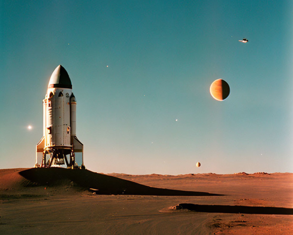 Space Shuttle Ready for Launch on Desert Planet with Two Moons