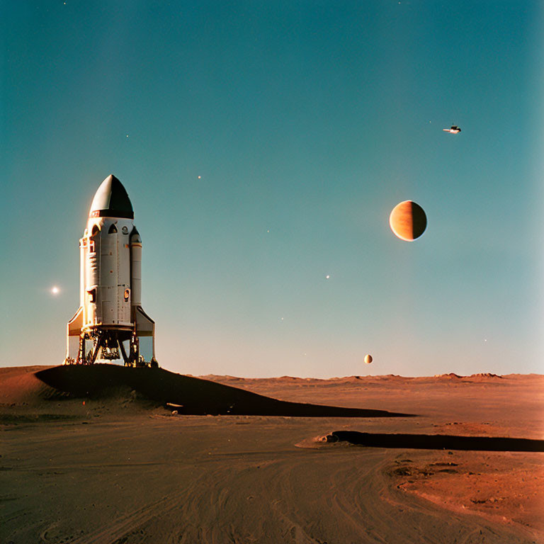 Space Shuttle Ready for Launch on Desert Planet with Two Moons