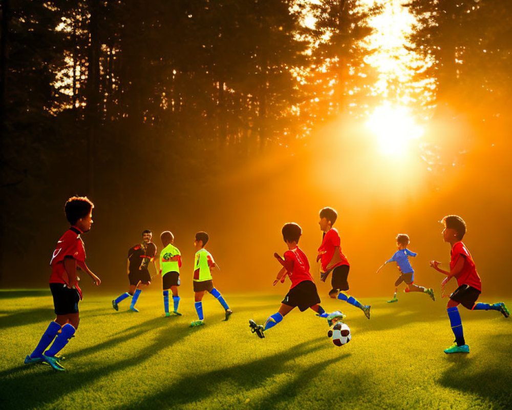 Soccer match with young players in red jerseys and blue socks