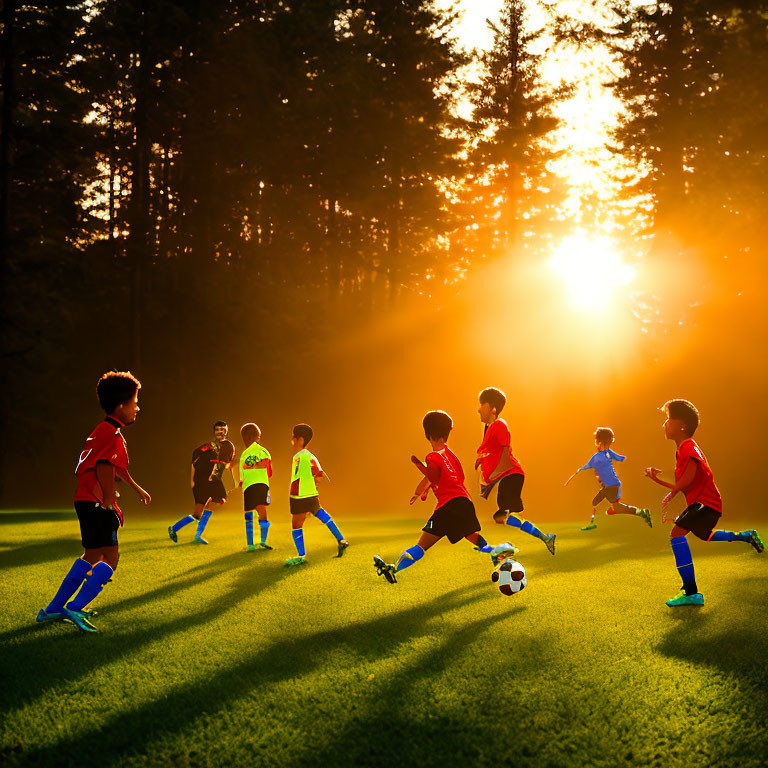 Soccer match with young players in red jerseys and blue socks