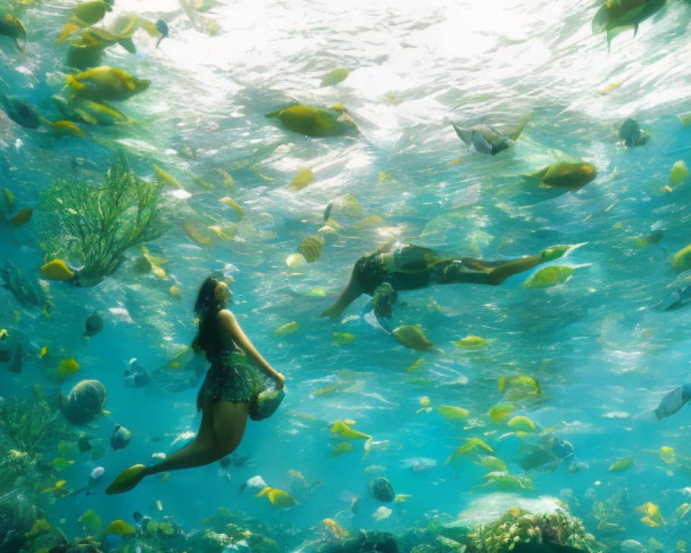 Underwater scene with two people swimming among colorful fish