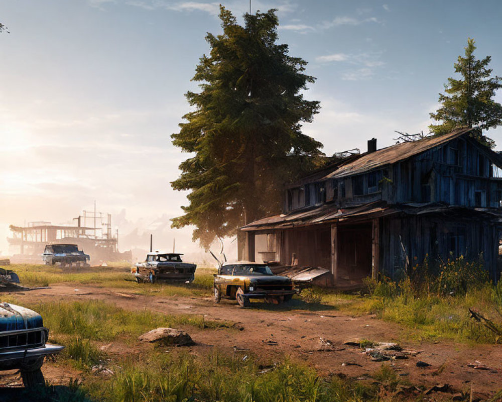 Dilapidated wooden house and old cars in rustic abandoned homestead at sunrise