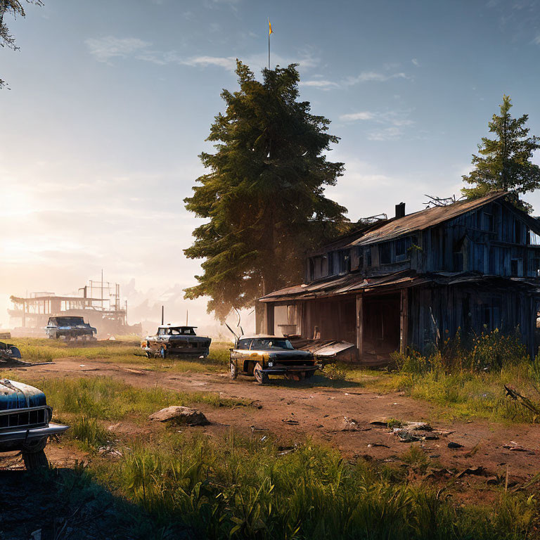 Dilapidated wooden house and old cars in rustic abandoned homestead at sunrise