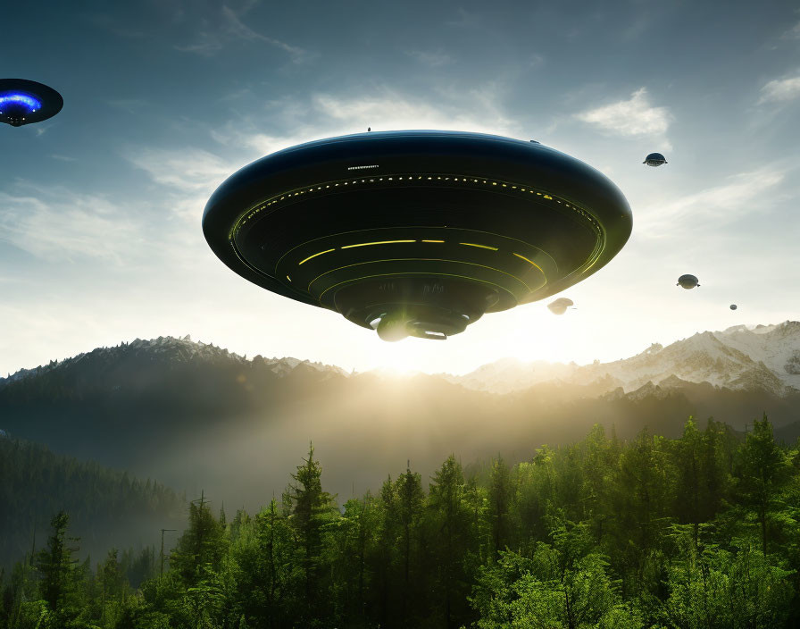 Large UFO Hovering Above Misty Forest at Sunrise