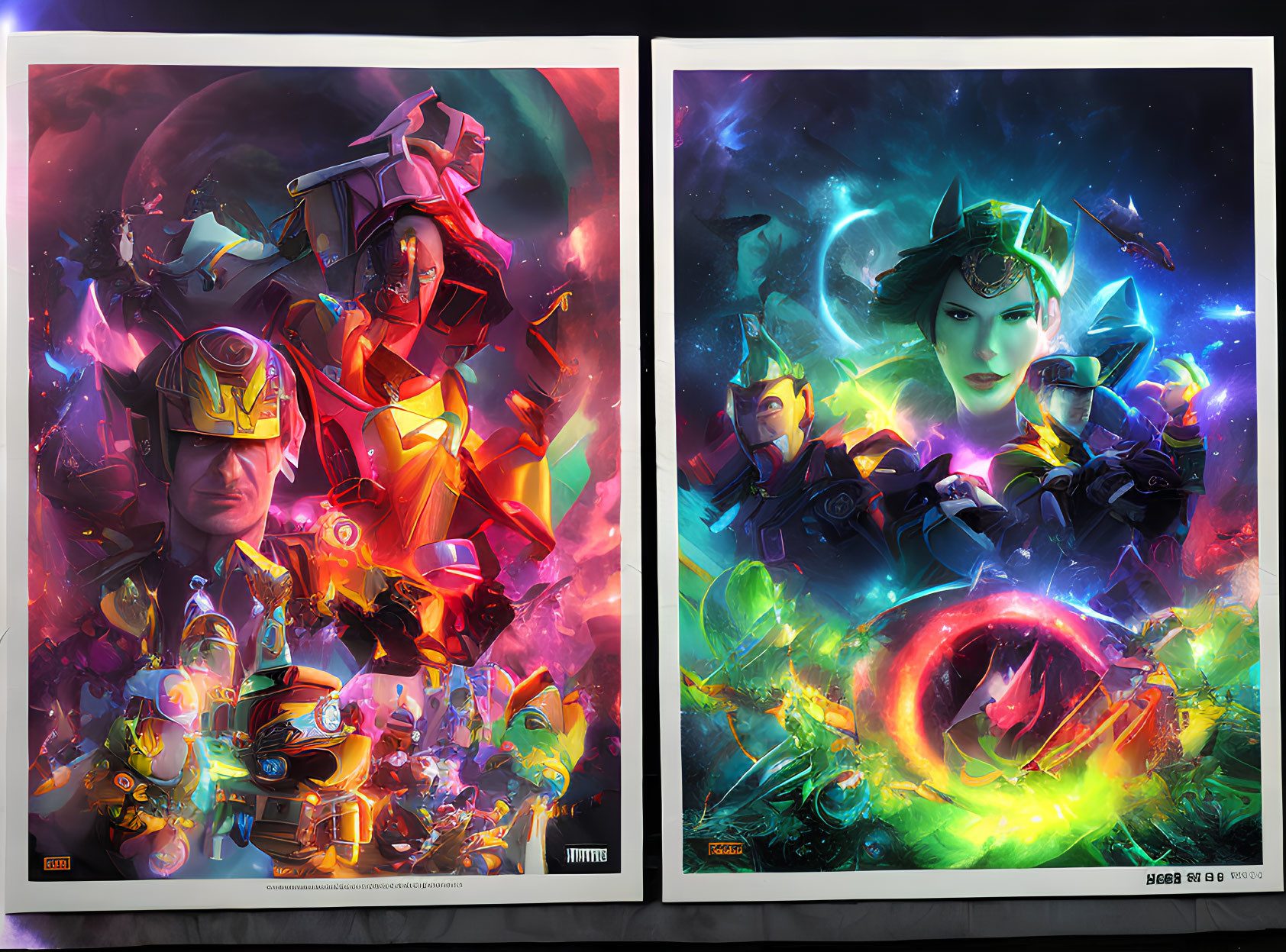 Vibrant futuristic armored characters in cosmic energy posters