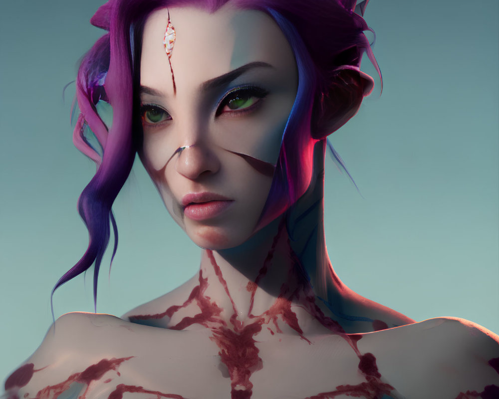 Digital artwork: Female figure with purple hair, green eyes, red vein-like patterns