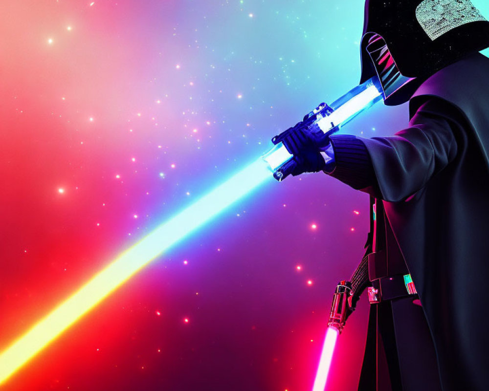 Sci-fi character with rainbow lightsaber in cosmic setting