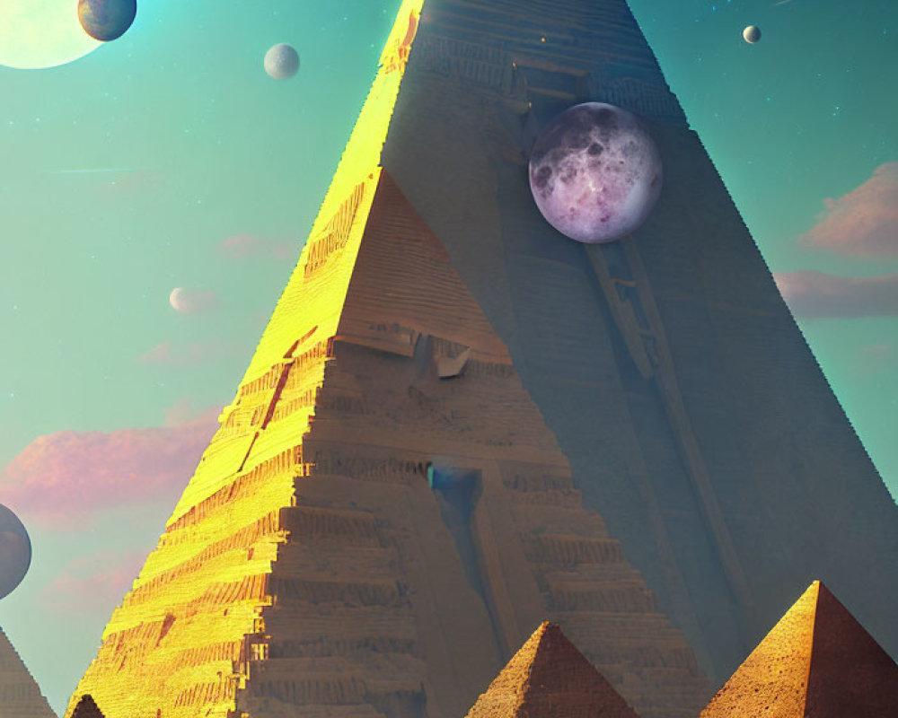 Surreal oversized pyramid under cosmic sky with planets