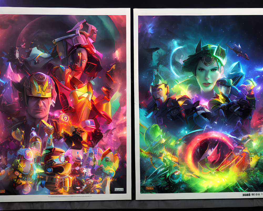 Vibrant futuristic armored characters in cosmic energy posters