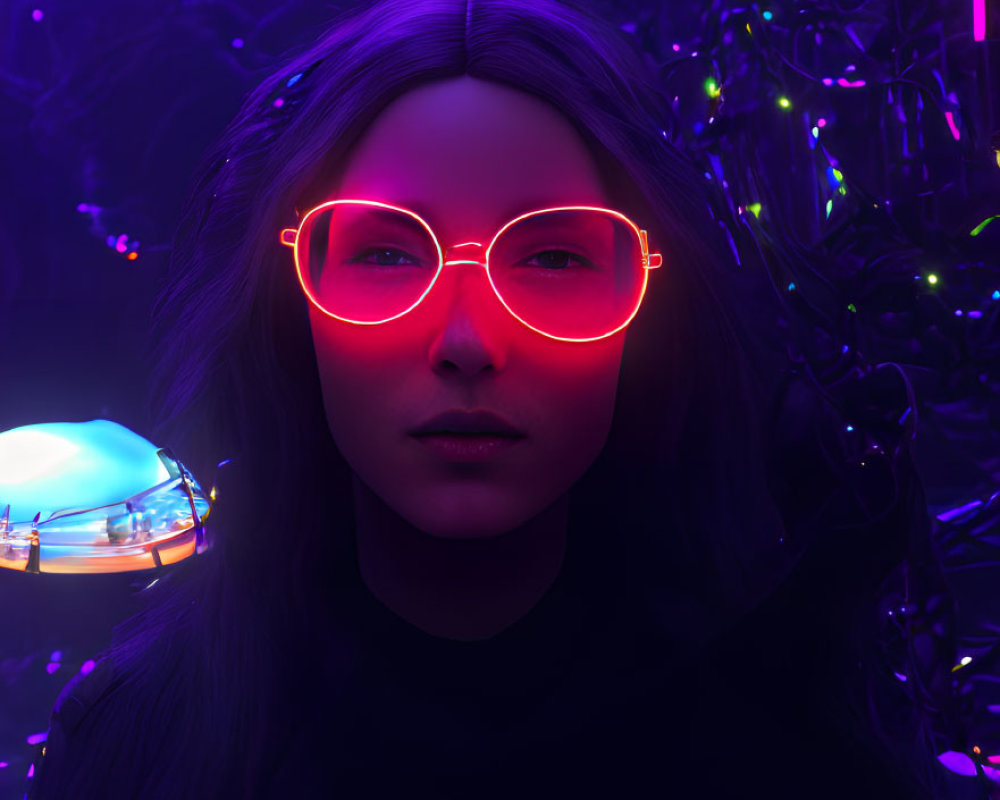 Neon Pink Glasses Woman in Abstract Purple and Blue Background