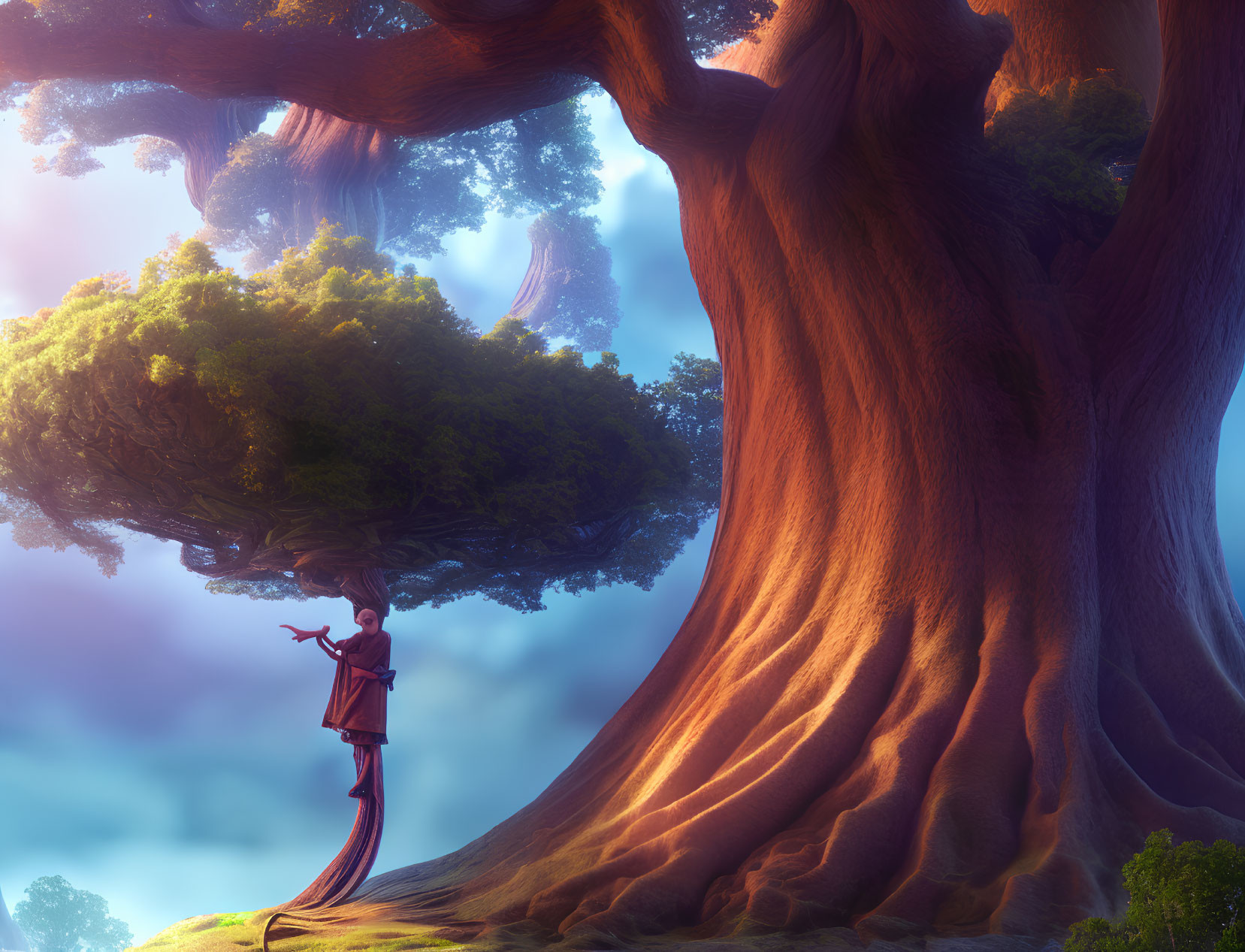 Person in red cloak pointing at majestic forest with colossal trees