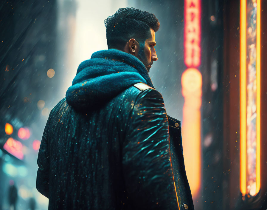 Man in Dark Jacket Stands in Neon-Lit Street with Snowfall