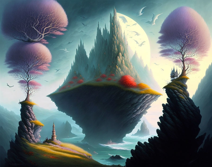 Fantasy landscape with floating islands, colorful trees, large moon, birds, castle