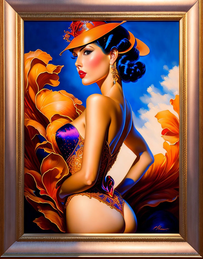 Stylized painting of woman in ornate hat and swimsuit with vibrant orange and blue tones framed