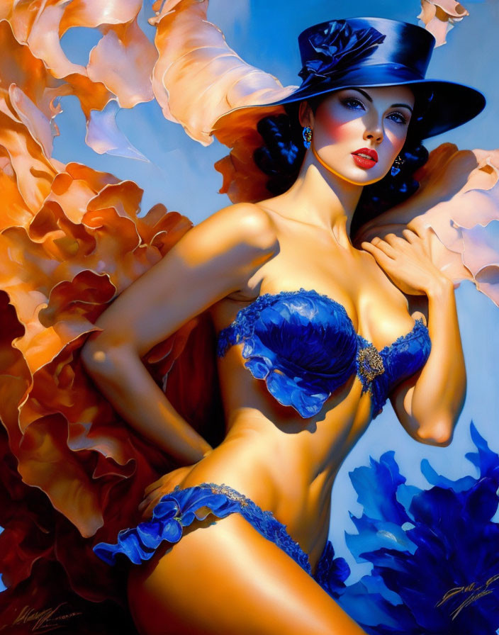 Stylized portrait of woman in blue lingerie and hat on vibrant floral background