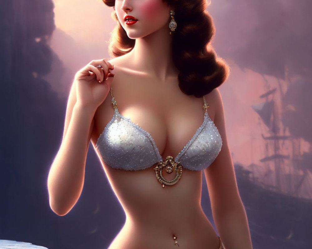 Fantasy-themed illustration of woman in sparkly attire with mystical landscape