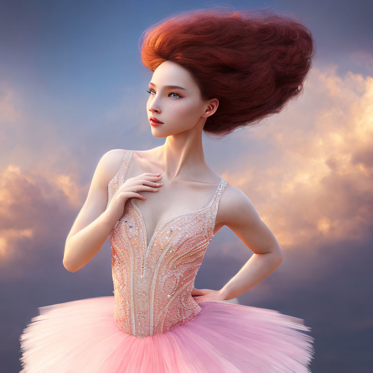 Exaggerated red-haired ballet dancer in bejeweled costume at twilight