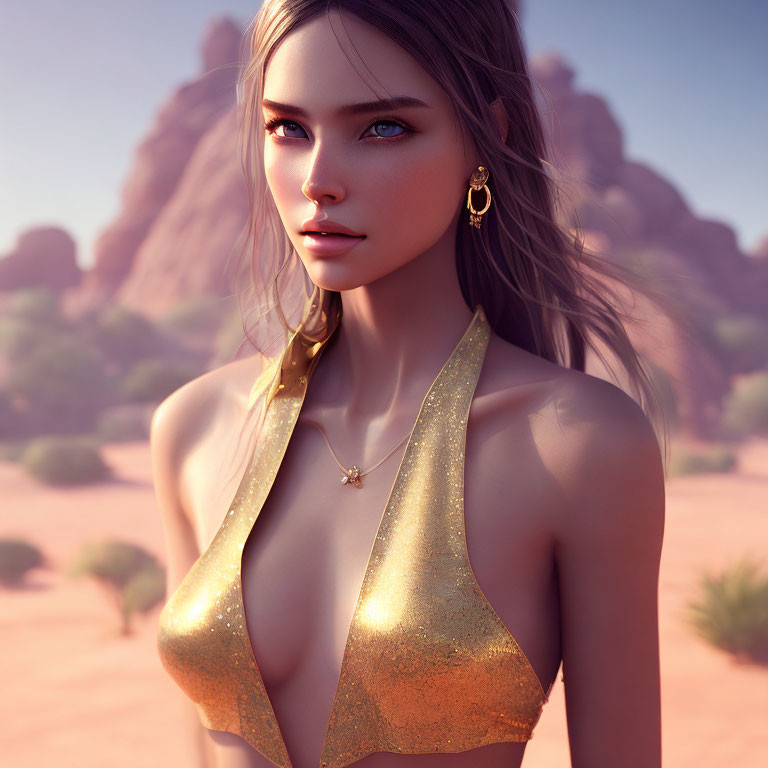 Digital portrait of woman with blue eyes in golden attire against desert backdrop