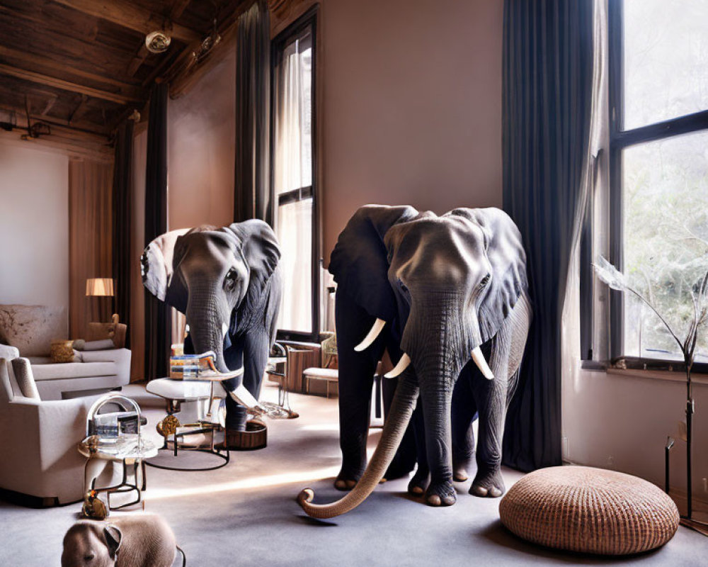 Elegant Living Room with Elephant Statues and Miniature Decor