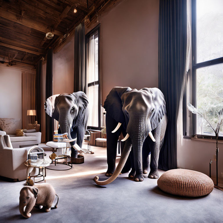 Elegant Living Room with Elephant Statues and Miniature Decor