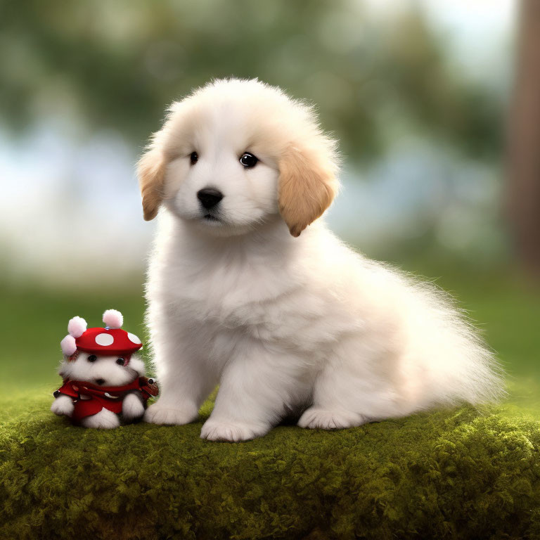 Fluffy White Puppy with Cartoon Character Toy on Mossy Surface