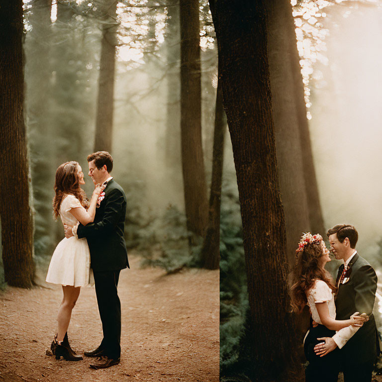 Formal Attire Couple Embrace in Misty Forest